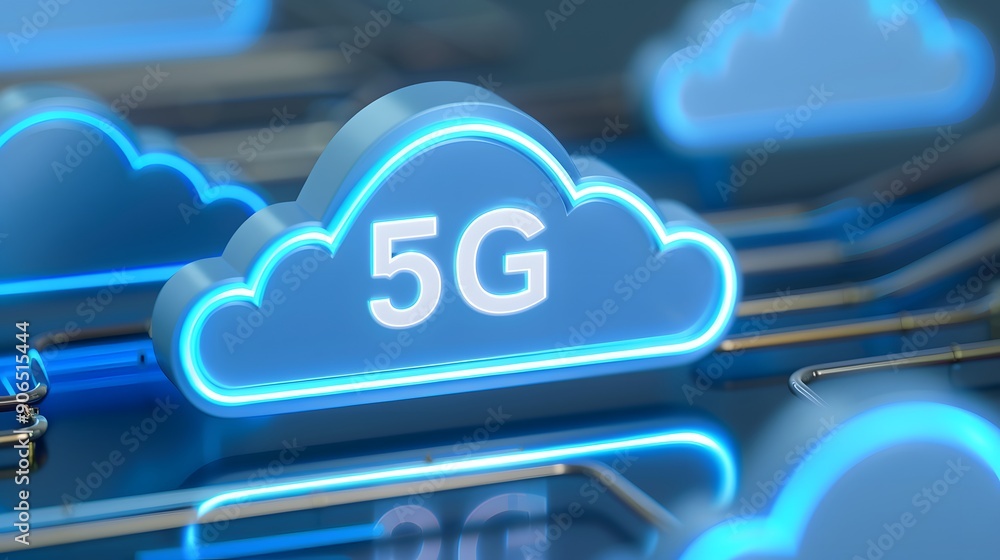 Poster close-up of glowing blue cloud shapes with 5g text, representing modern high-speed network and techn