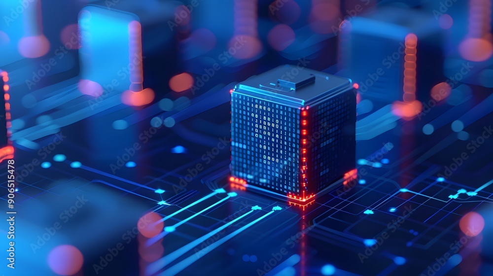 Poster close-up of microchip on a circuit board glowing with led lights, representing digital technology, c