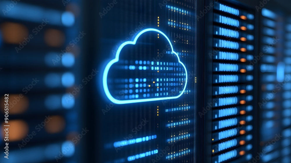 Poster close-up view of a glowing cloud computing icon on a server rack, symbolizing data storage and digit