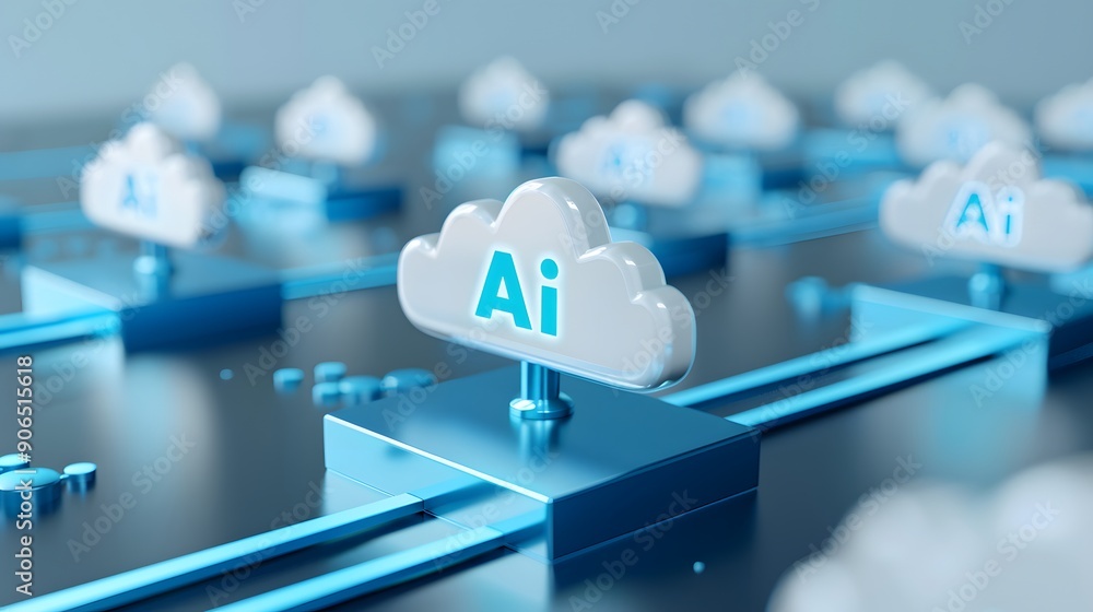 Poster cloud computing and ai technology concept. white cloud icons connected by blue lines on dark reflect