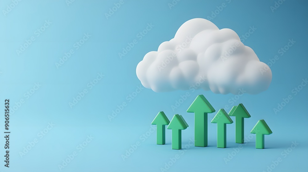 Poster cloud computing and data storage concept with 3d green arrows pointing towards a cloud on a blue bac