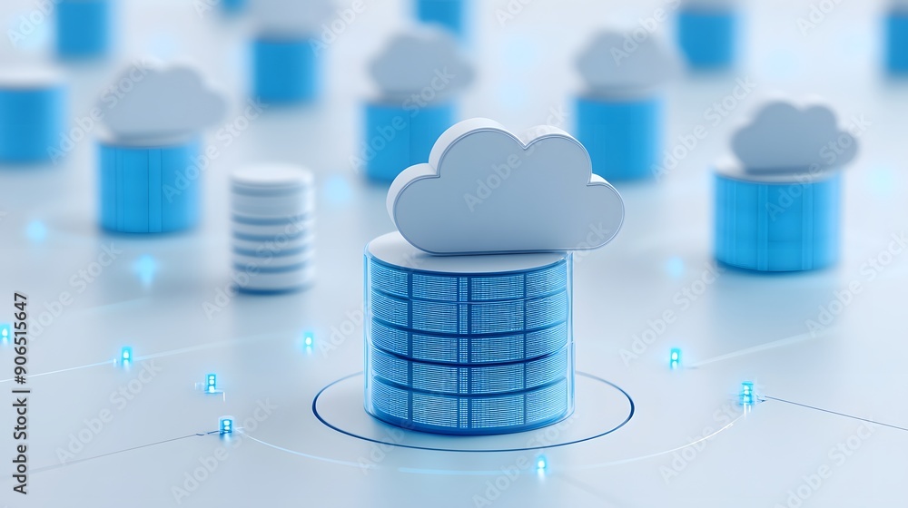 Poster cloud computing and data storage concept with server racks and cloud icons in a light background, re