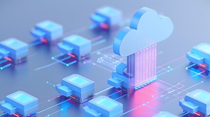 Cloud computing and network connectivity concept, featuring blue digital devices connected to cloud symbol.