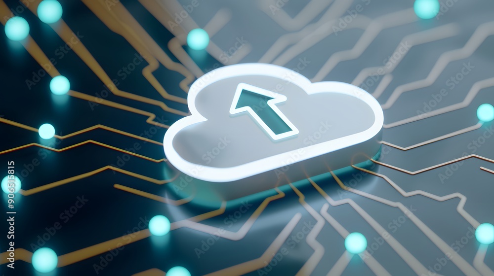 Poster cloud computing concept showing cloud icon with upload arrow on electronic board, symbolizing data s