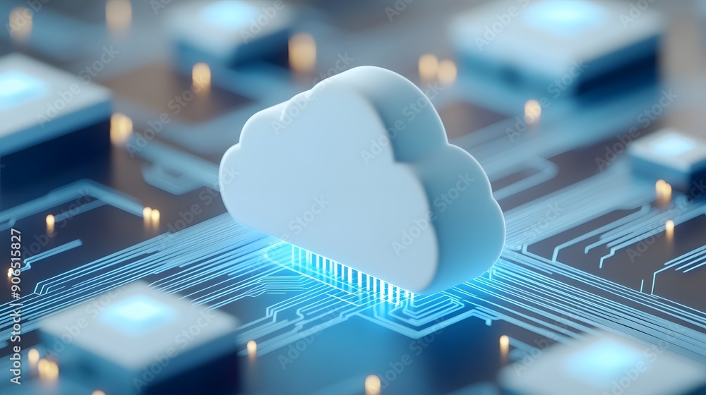 Poster cloud computing concept showing a cloud symbol on a digital circuit board, representing data storage