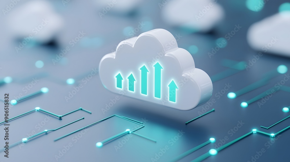 Poster cloud computing concept showing data growth and digital network with illuminated cloud icon and risi