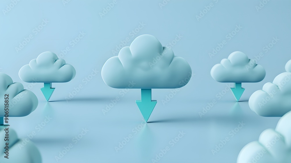 Poster cloud computing concept with 3d clouds and download arrows on a light blue background, representing 