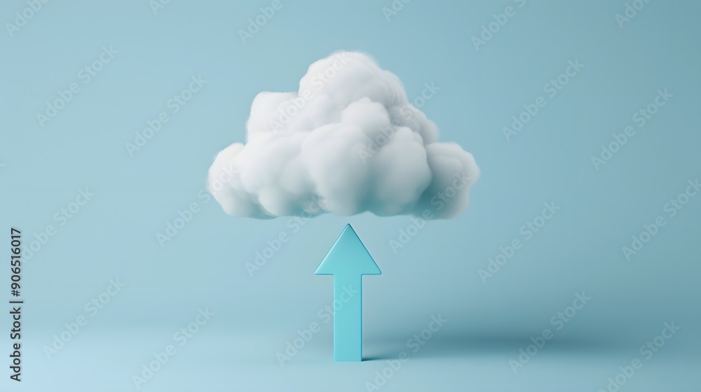 Wall mural Cloud computing concept with a fluffy cloud and upward arrow on a blue background symbolizing online storage and data transfer.