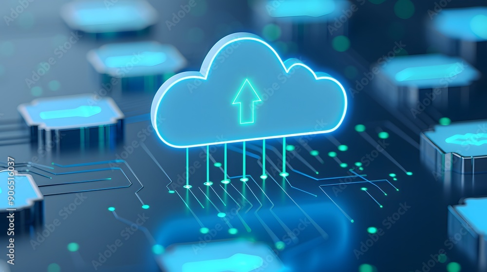 Poster cloud computing concept with a glowing cloud icon and circuit board, depicting data upload and digit