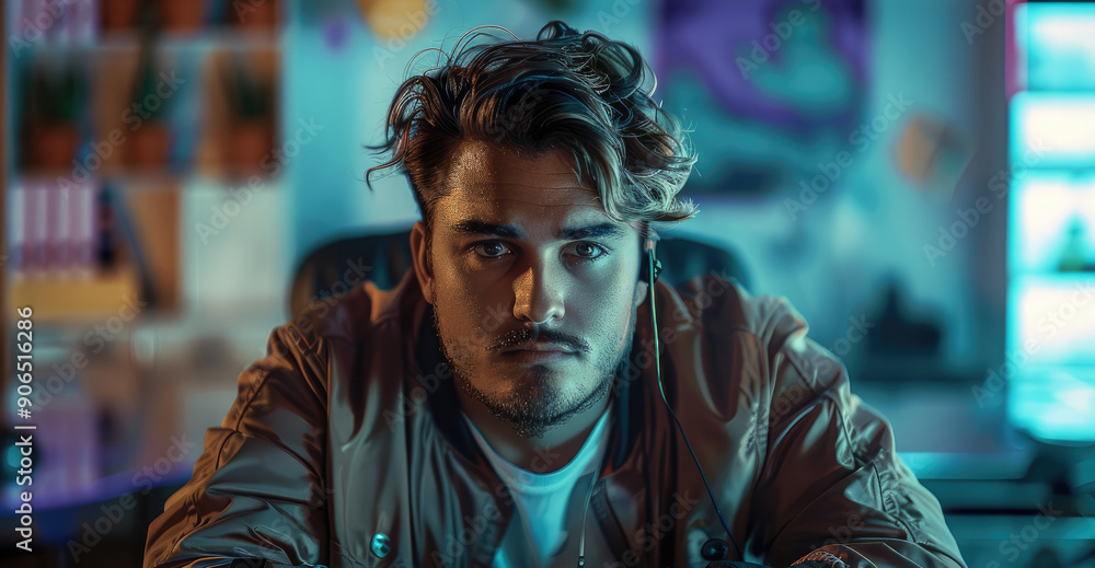 Aufkleber front view of a man, hacker, doing a video call in an office, looking to camera. generative ai.