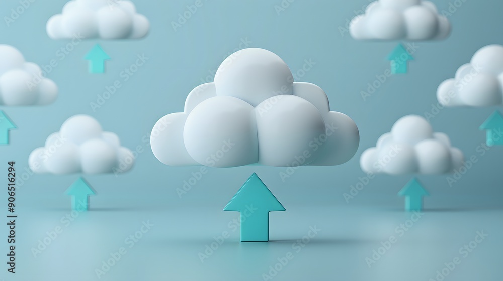 Poster cloud computing concept with arrows, representing data upload and digital technology. light blue bac