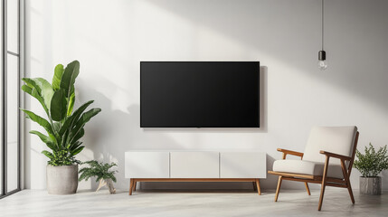 3D rendering mockup of a white TV paired with an armchair in a living room, set against a white wall.