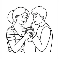 A couple sharing a milkshake with two straws line art vector