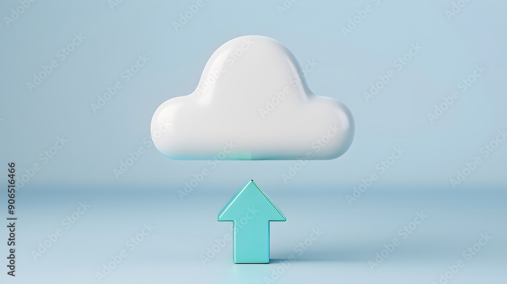 Poster cloud computing concept with cloud icon and arrow pointing upwards for data upload, featuring minima