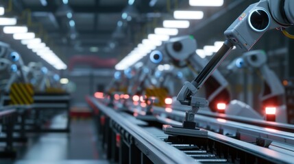 Fototapeta premium Robotic arms working on a modern production line in a factory, showcasing industrial automation and advanced manufacturing technology.