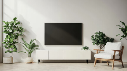 3D rendering mockup of a white TV paired with an armchair in a living room, set against a white wall.