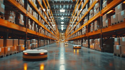 Robotic automation in a modern warehouse with autonomous robots navigating through aisles, enhancing efficiency and productivity.