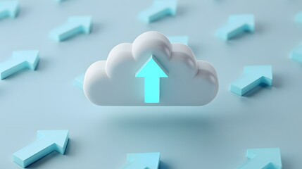Cloud computing concept with blue upward arrows surrounding a central cloud icon, symbolizing data upload and digital storage.