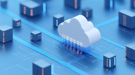 Cloud computing concept with centralized digital storage represented by a white cloud and data flows on a blue background.