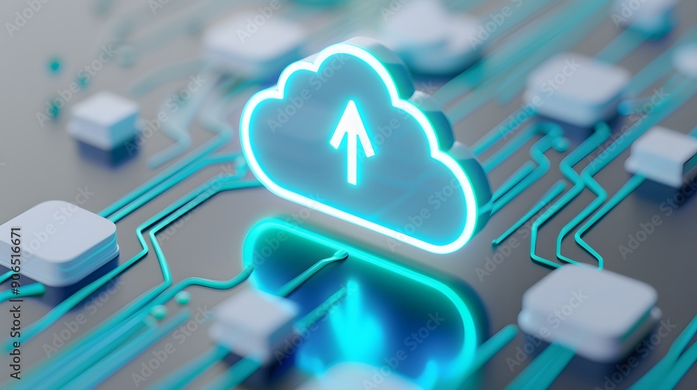 Poster cloud computing concept with glowing cloud icon and circuit board. technology and data storage innov