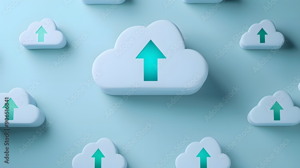 Poster cloud computing concept with multiple cloud icons and upward arrows representing data upload and sto