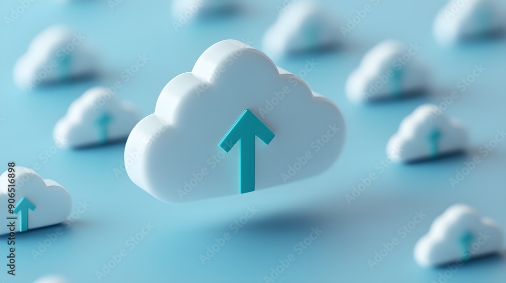 Poster cloud computing concept with multiple cloud icons showing upward arrows symbolizing data upload and 