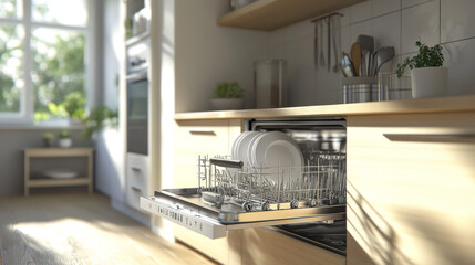 3D illustration of a dishwasher, shown both open and closed in the kitchen