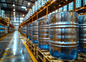 Industrial Warehouse with Metal Barrels