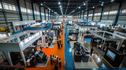 A bustling trade show or convention center with various exhibits and attendees walking through vibrant, well-organized booths.