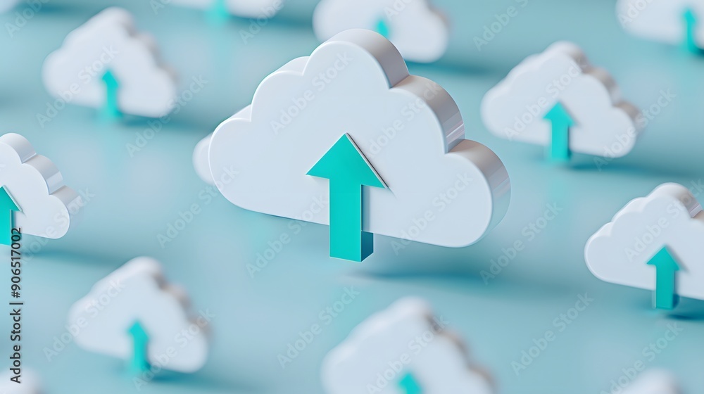 Poster cloud computing concept with numerous white cloud icons and upward arrow on a blue background, repre