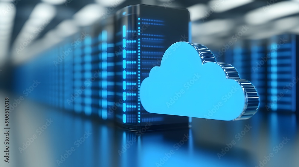 Poster cloud computing concept with servers in data center. futuristic technology background with blue clou