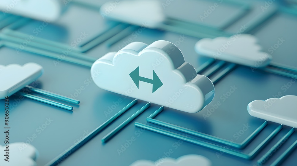Poster cloud computing illustration showing interconnected clouds on a blue background, symbolizing data tr