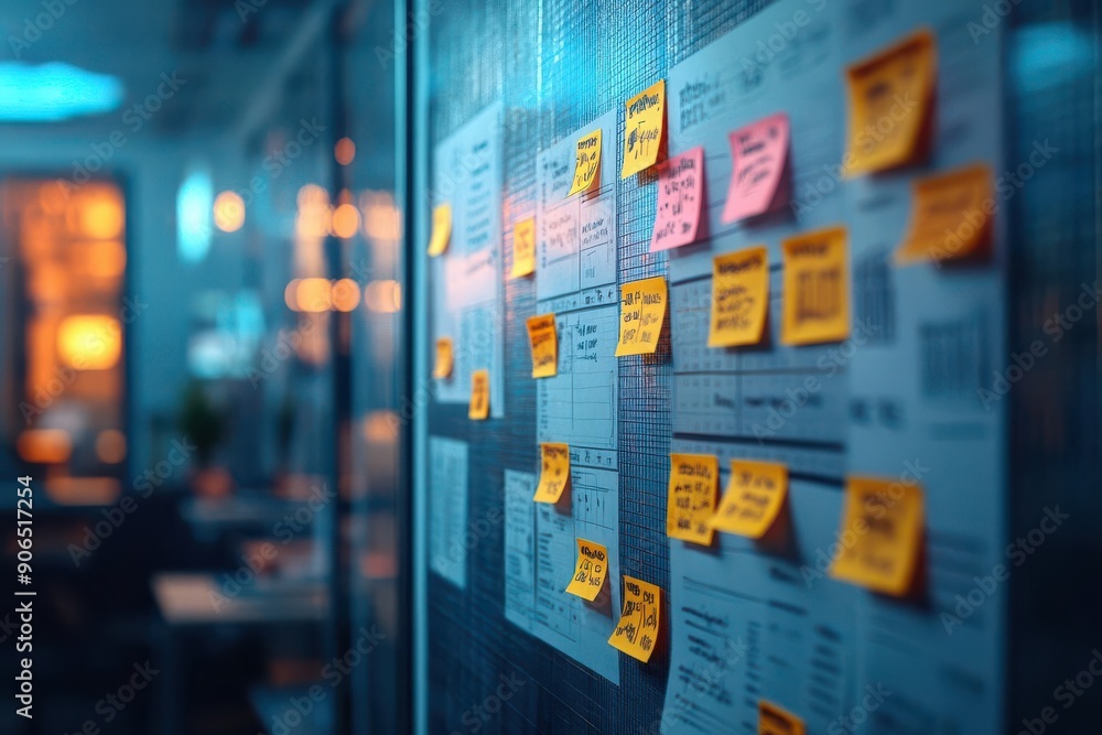 Wall mural team with project kanban board, office setting, task tracking