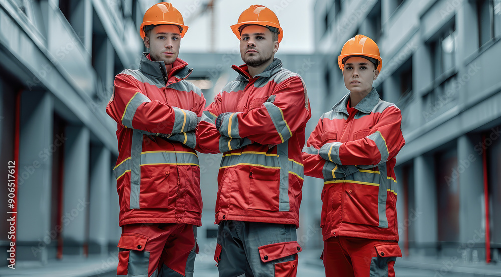 Leinwandbilder three workers in hard hats and red and grey uniform, standing in front of a building. generative ai.