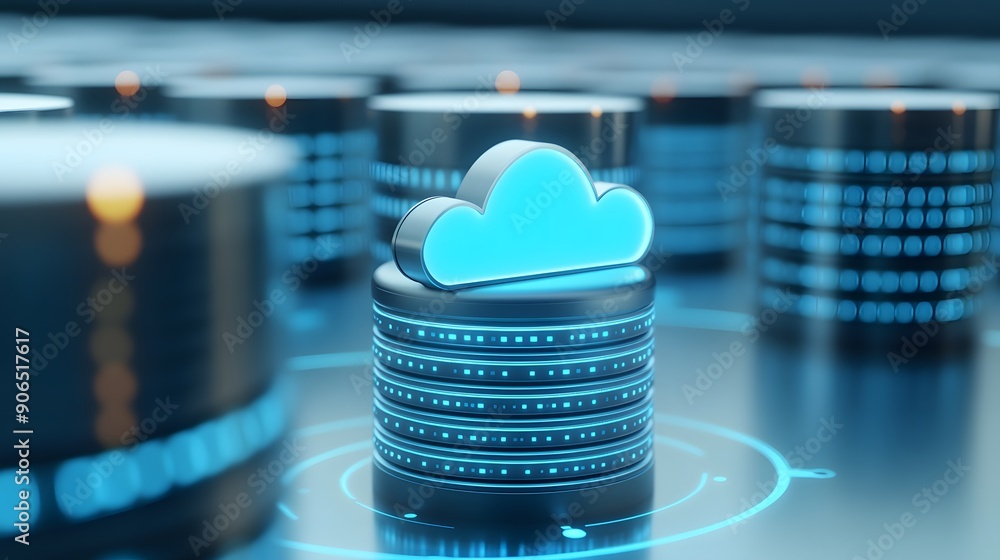 Poster cloud computing technology concept. data storage server with cloud symbol in a futuristic blue and b