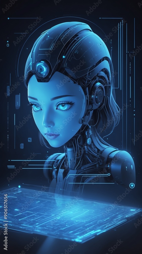 Poster blue holographic ai interface concept technology abstract background with copy space