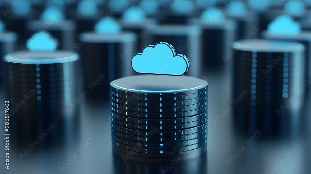 Poster cloud data storage concept image showing servers with cloud icons, representing modern technology an