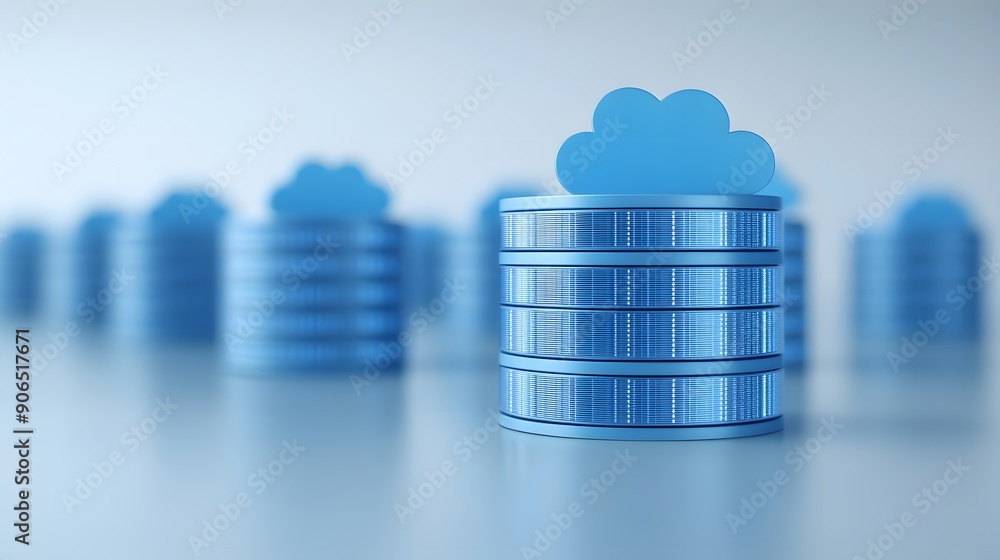Poster cloud data storage concept showing blue servers with cloud icons on top, representing modern cloud c