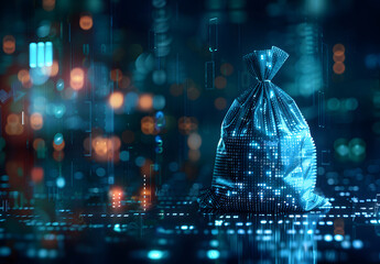 Digital blue moneybag with a dollar $ icon with binary code, AI financial transactions, fraud detection algorithms, portfolio management, and personalized financial planning services. money bag design