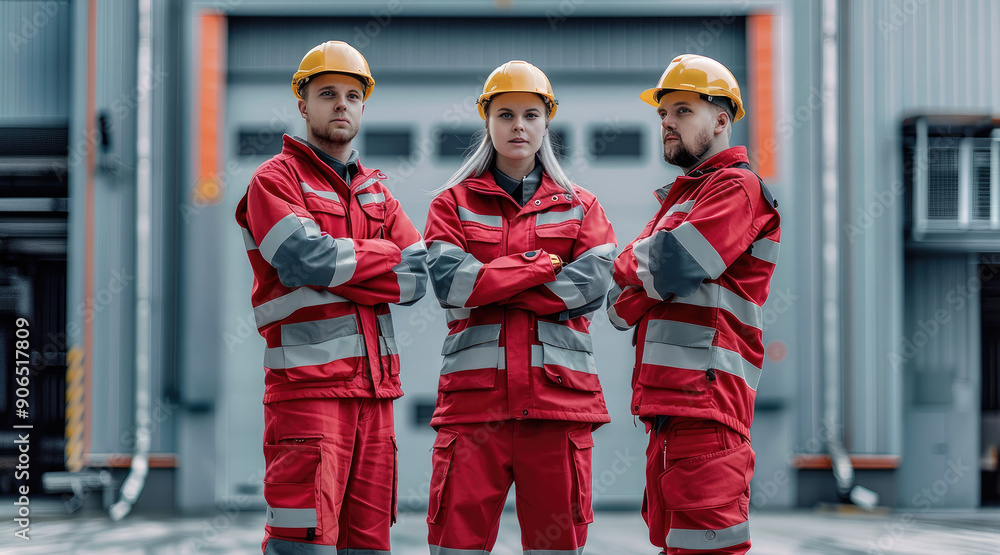 Aufkleber Three workers in hard hats and red and grey uniform, standing in front of a building. Generative AI.