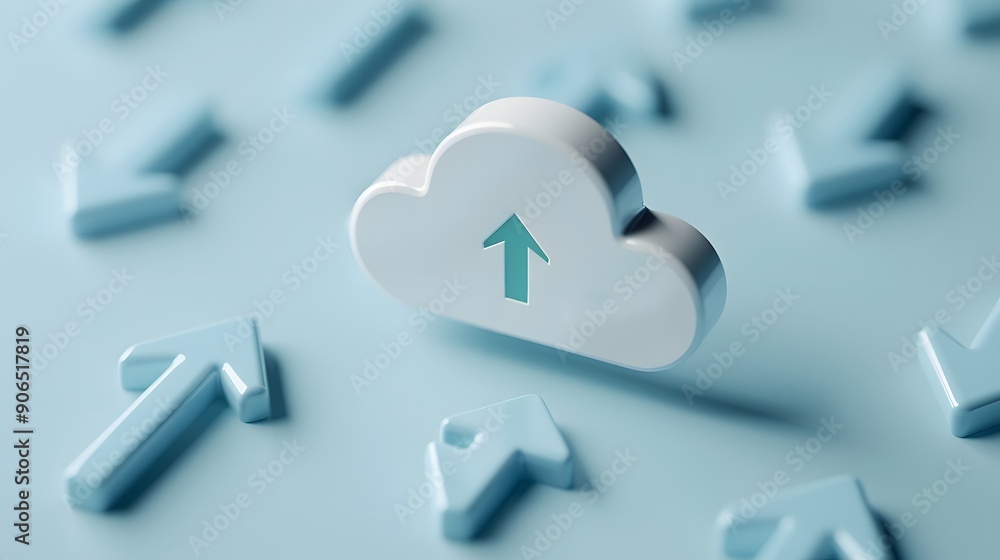 Poster cloud icon with upward arrow symbolizing data upload and storage. soft blue background with scattere