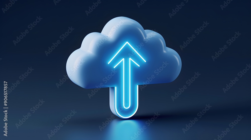 Poster cloud icon with upward arrow symbolizing data upload in digital technology over dark blue background