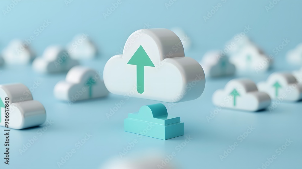 Poster cloud storage and computing concept with 3d icons and upload arrows on a blue background, highlighti
