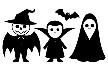 Cute Halloween Characters Ghost, Witch, and Vampire with white background
