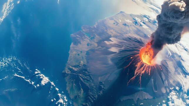Aerial view of a supervolcano erupting with ash and lava, set against the ocean and land, illustrating a dramatic natural disaster, ideal for geological or environmental studies