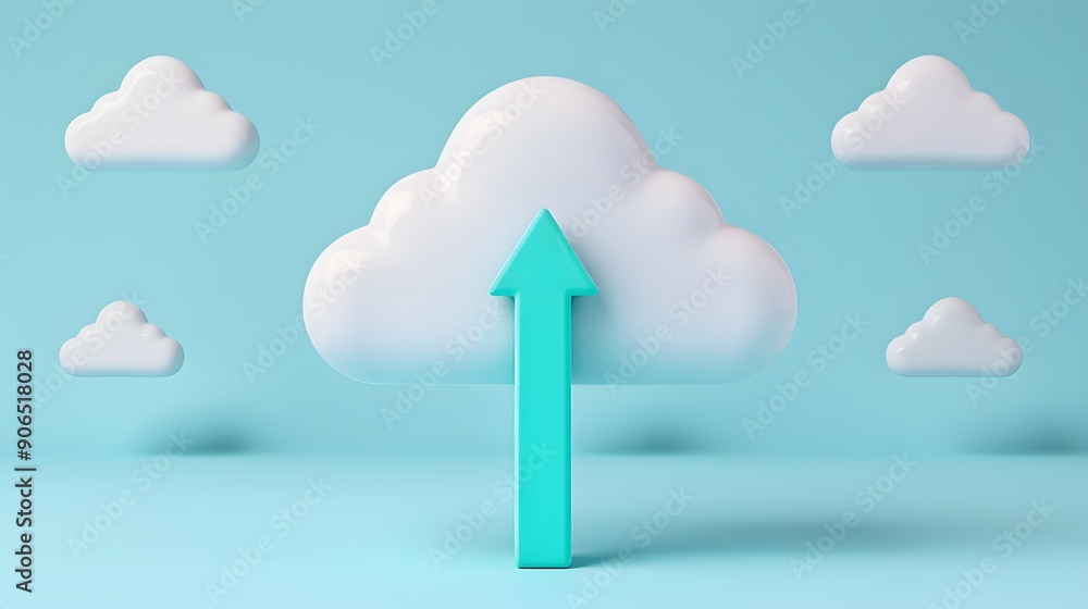 Poster cloud storage concept with blue arrow pointing upward, symbolizing data upload and cloud computing o