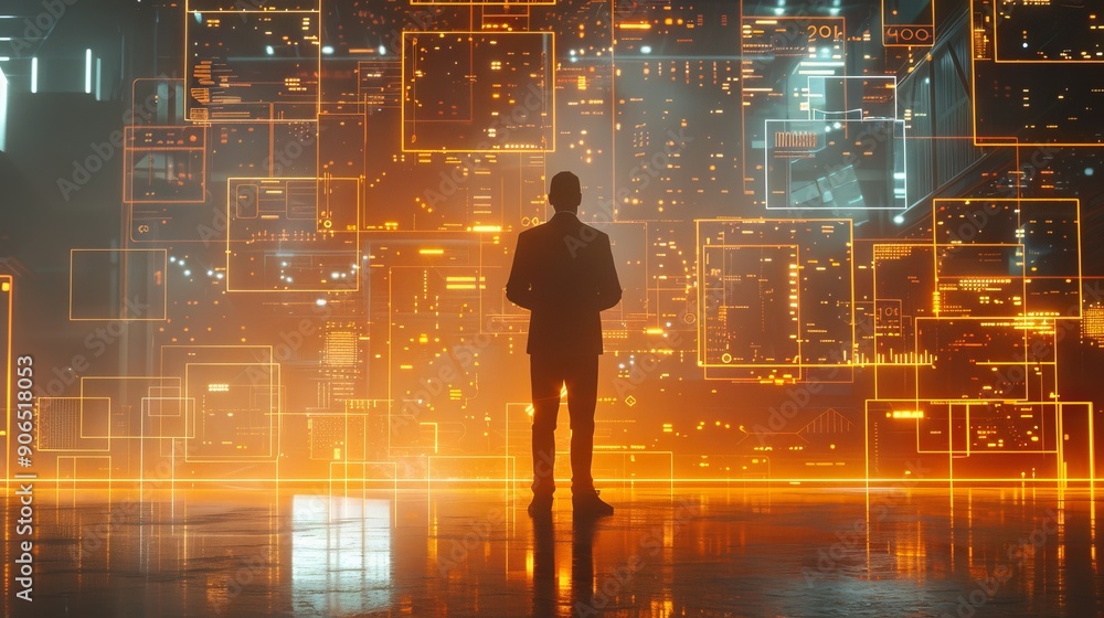 Poster businessman standing in front of digital display with data charts