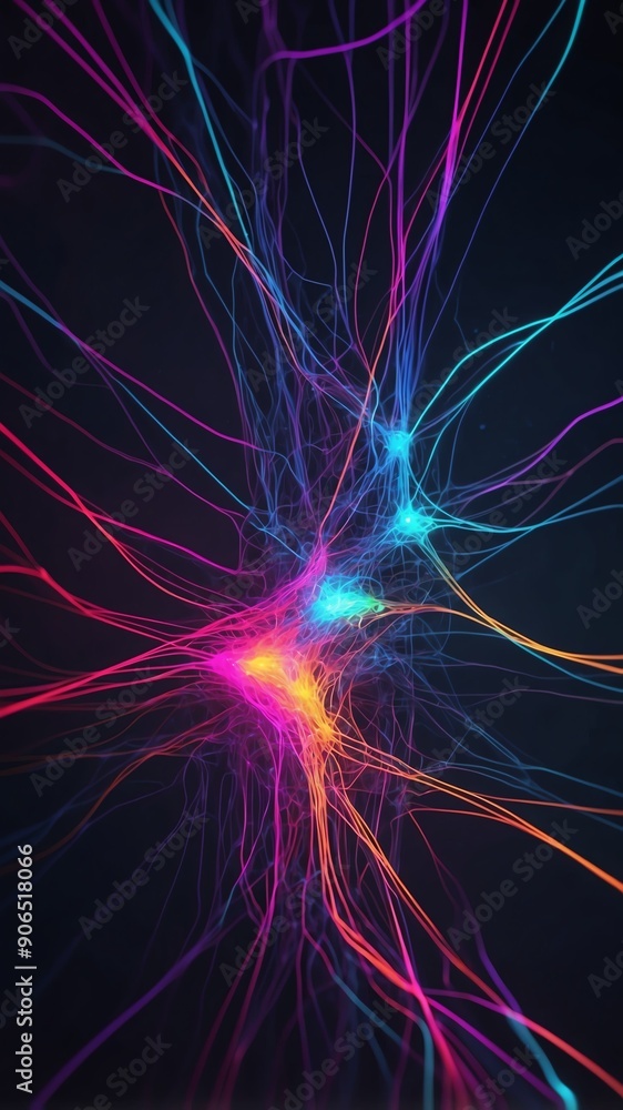 Poster colorful neural network visualization neon lights tech technology abstract background with copy spac