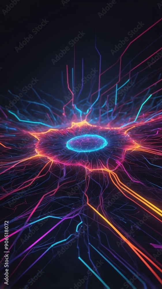 Aufkleber colorful neural network visualization neon lights tech technology abstract background with copy spac