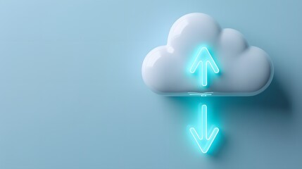 Cloud storage concept with neon arrows showcasing upload and download operations on a glossy blue cloud against a light blue background.